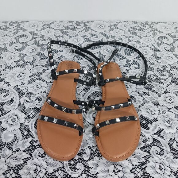 Time & True Shoes - Time and Tru Black and Tan Studded Strap Flat Sandals